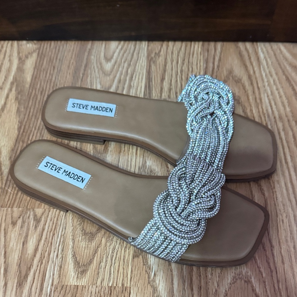 Steve Madden Tan and Silver Beaded Sandals